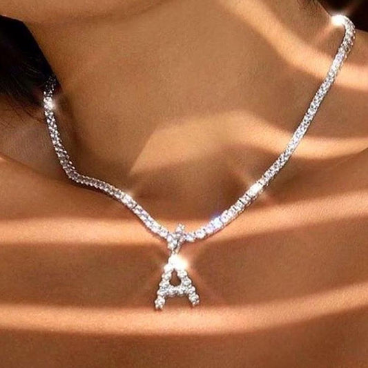 Caraquet Ice out A - Z Letter Initial Pendant Necklace Silver Color Tennis Chain Choker Necklace Female Fashion Statement Jewelry - fyfy7