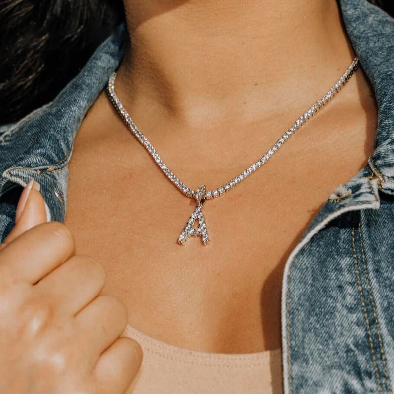 Caraquet Ice out A - Z Letter Initial Pendant Necklace Silver Color Tennis Chain Choker Necklace Female Fashion Statement Jewelry - fyfy7
