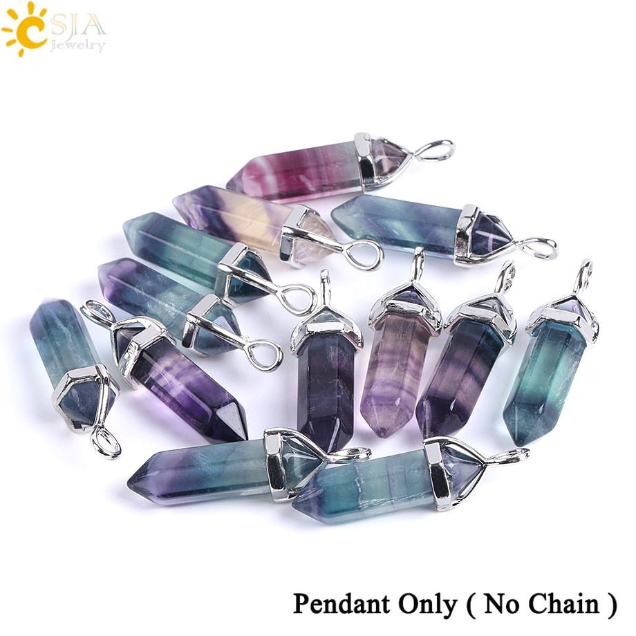 CSJA Fluorite Necklaces Crystal Pendants Suspension Natural Gem Stone Quartz Bullet Hexagonal Pendulum Reiki Chakra pendulo E546 - fyfy7