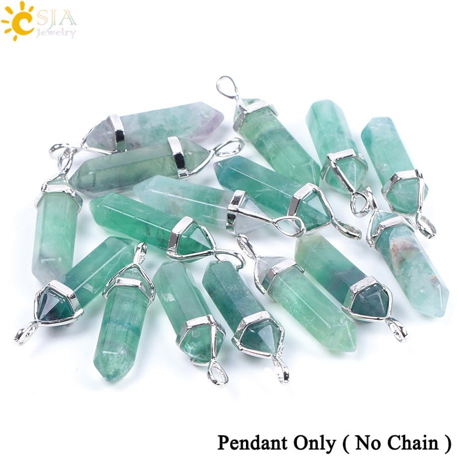 CSJA Fluorite Necklaces Crystal Pendants Suspension Natural Gem Stone Quartz Bullet Hexagonal Pendulum Reiki Chakra pendulo E546 - fyfy7