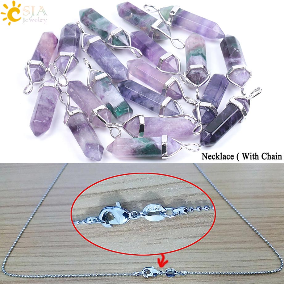 CSJA Fluorite Necklaces Crystal Pendants Suspension Natural Gem Stone Quartz Bullet Hexagonal Pendulum Reiki Chakra pendulo E546 - fyfy7