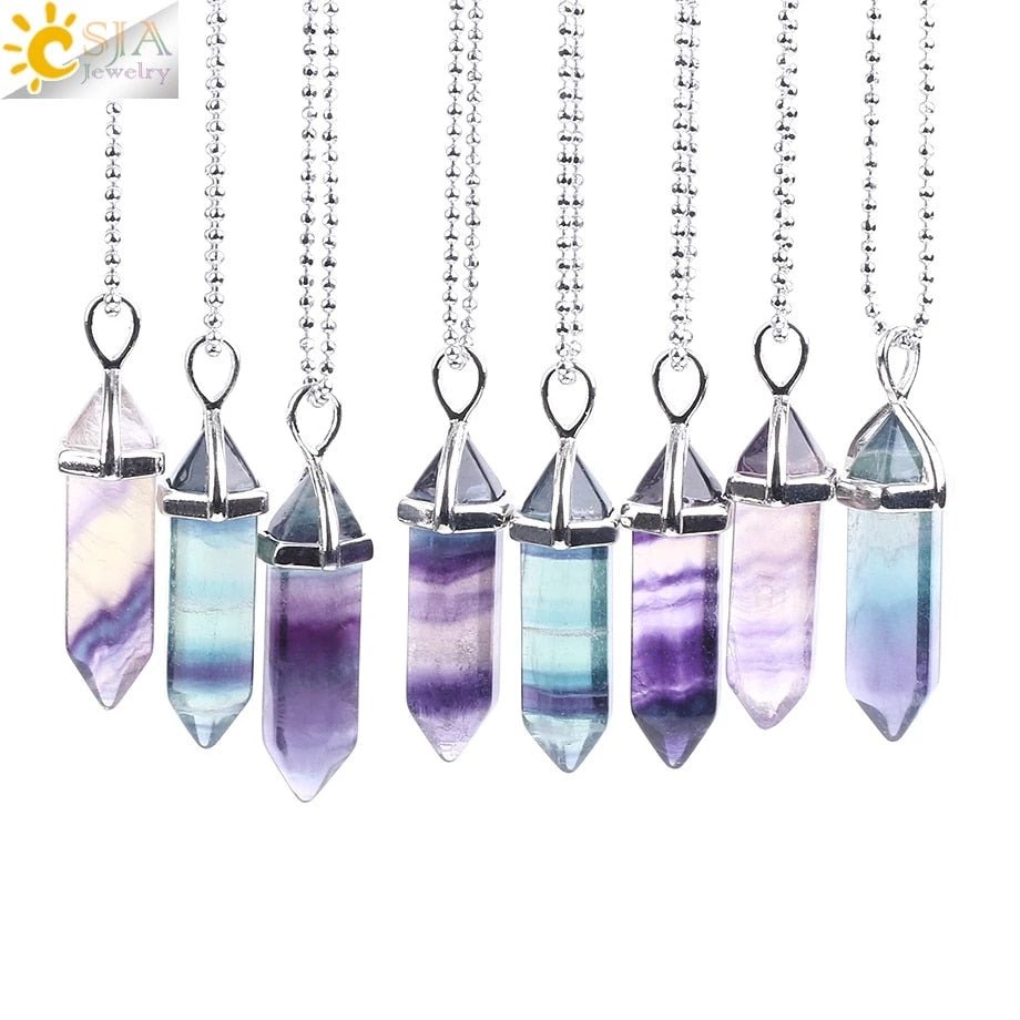 CSJA Fluorite Necklaces Crystal Pendants Suspension Natural Gem Stone Quartz Bullet Hexagonal Pendulum Reiki Chakra pendulo E546 - fyfy7