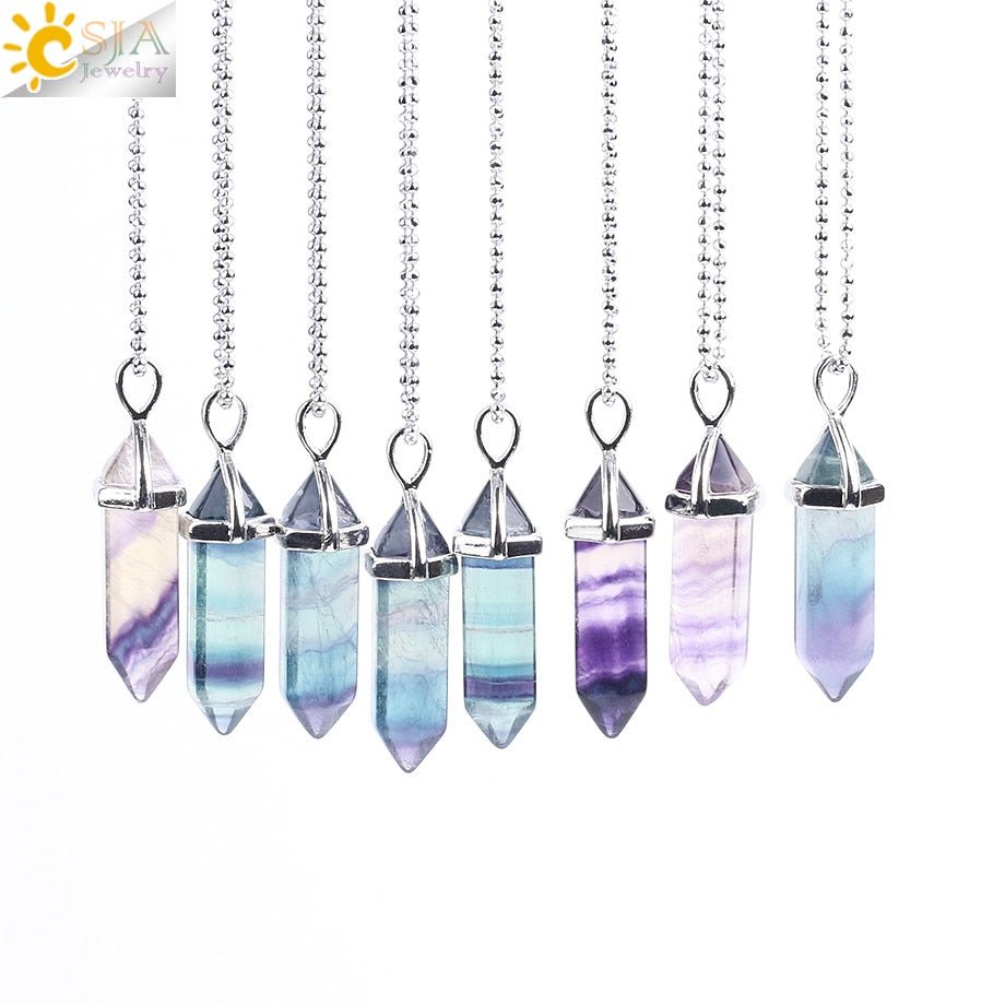 CSJA Fluorite Necklaces Crystal Pendants Suspension Natural Gem Stone Quartz Bullet Hexagonal Pendulum Reiki Chakra pendulo E546 - fyfy7