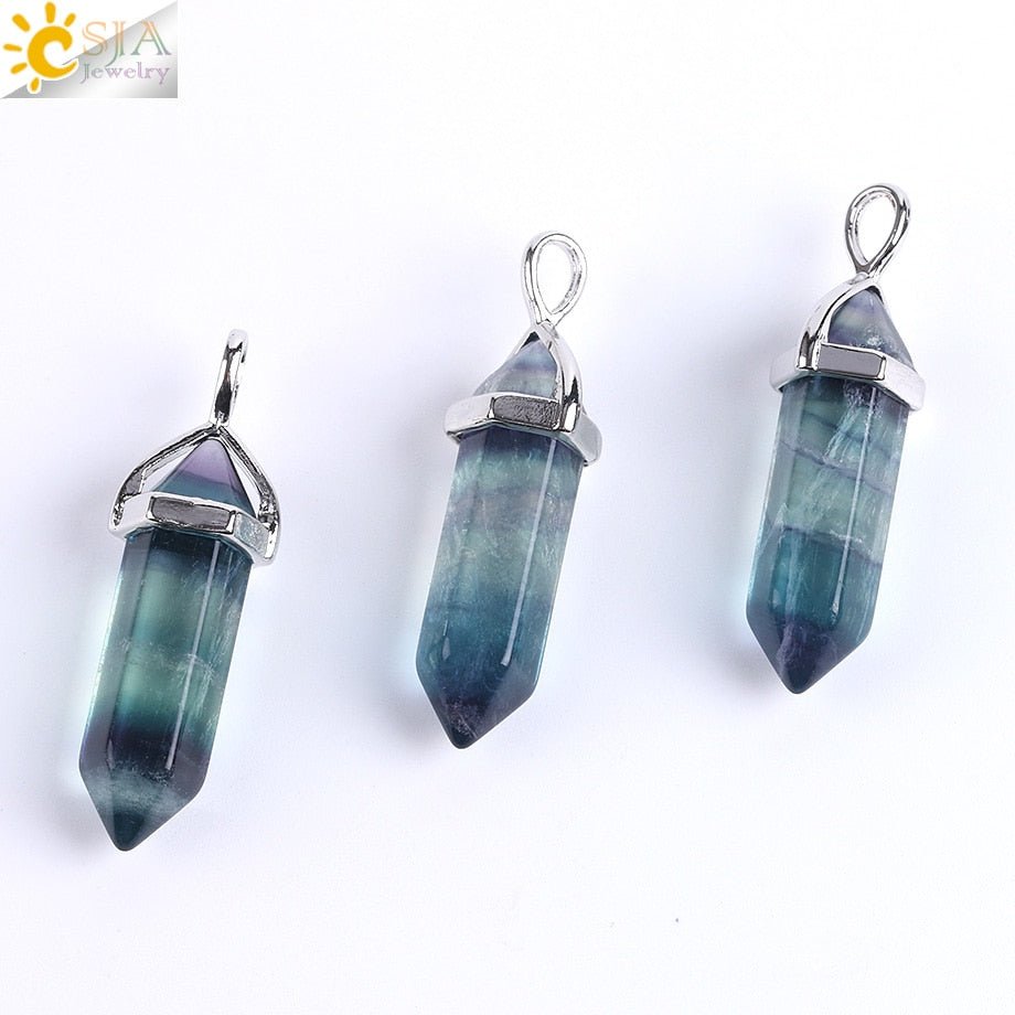 CSJA Fluorite Necklaces Crystal Pendants Suspension Natural Gem Stone Quartz Bullet Hexagonal Pendulum Reiki Chakra pendulo E546 - fyfy7