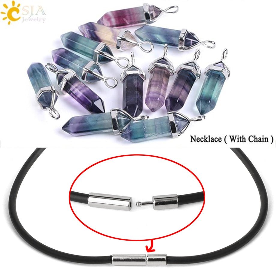 CSJA Fluorite Necklaces Crystal Pendants Suspension Natural Gem Stone Quartz Bullet Hexagonal Pendulum Reiki Chakra pendulo E546 - fyfy7