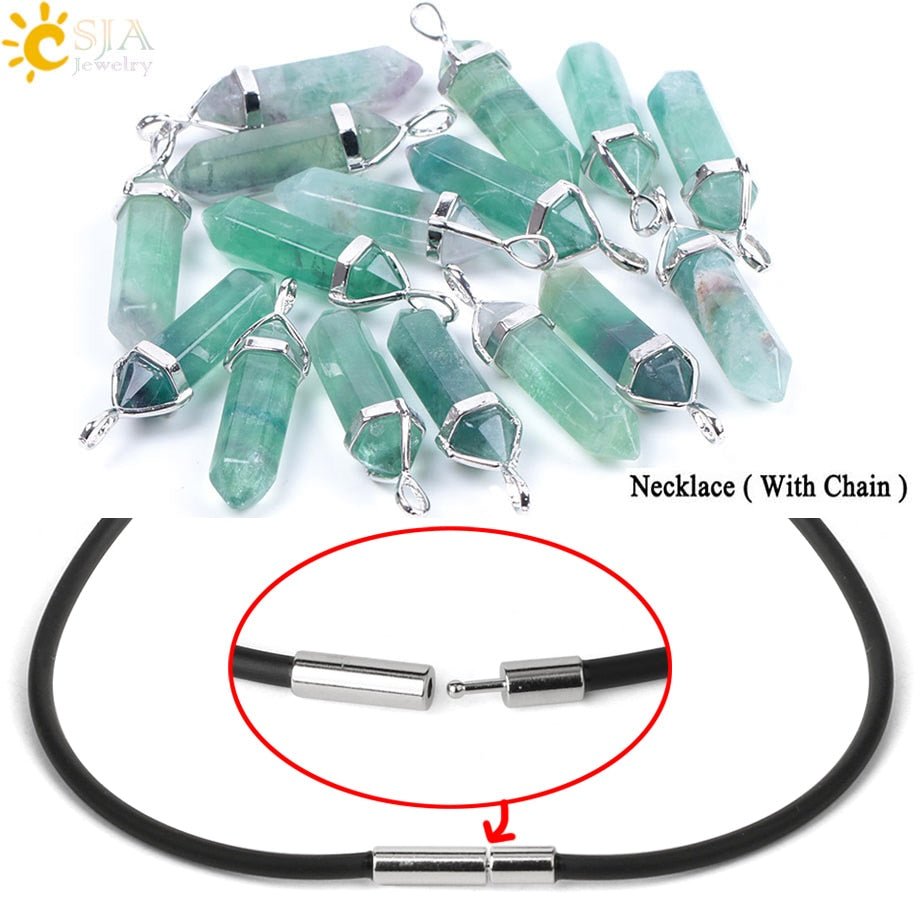 CSJA Fluorite Necklaces Crystal Pendants Suspension Natural Gem Stone Quartz Bullet Hexagonal Pendulum Reiki Chakra pendulo E546 - fyfy7