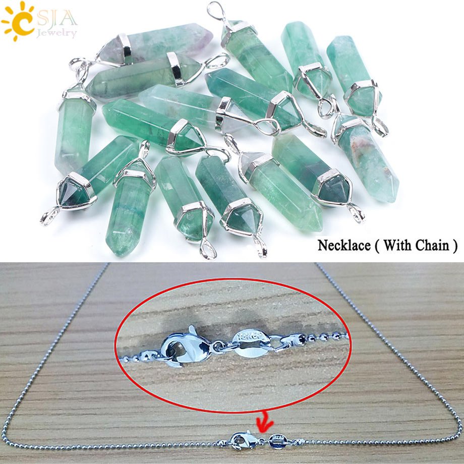 CSJA Fluorite Necklaces Crystal Pendants Suspension Natural Gem Stone Quartz Bullet Hexagonal Pendulum Reiki Chakra pendulo E546 - fyfy7