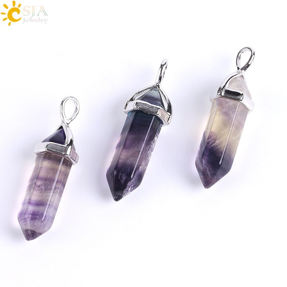 CSJA Fluorite Necklaces Crystal Pendants Suspension Natural Gem Stone Quartz Bullet Hexagonal Pendulum Reiki Chakra pendulo E546 - fyfy7