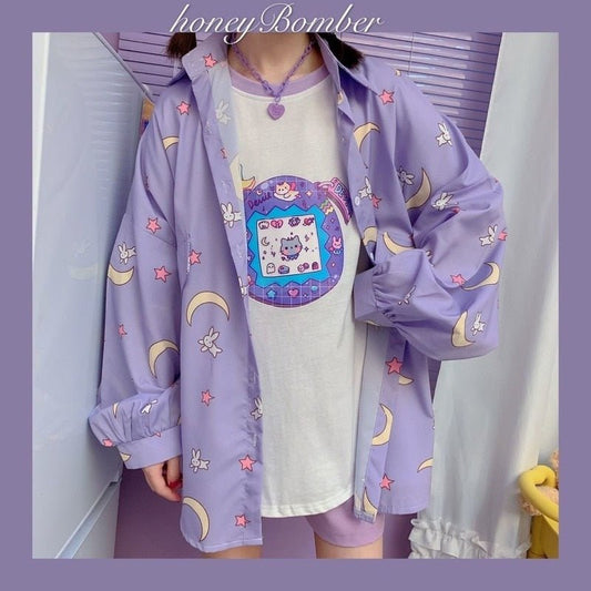 Deeptown Korean Style Women Shirts Kawaii Fashion JK Blouse Women Long Sleeve Cute Moon Print Button Up Shirt Oversized Tops - fyfy7