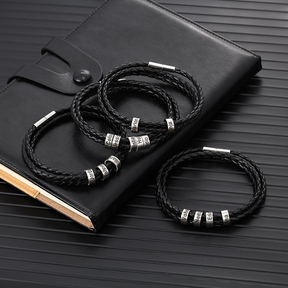 Personalized Stainless Steel Braided Rope Charm Bracelets Custom Men Leather Bracelets with 2 - 5 Names Beads Gift for Boyfriend - fyfy7