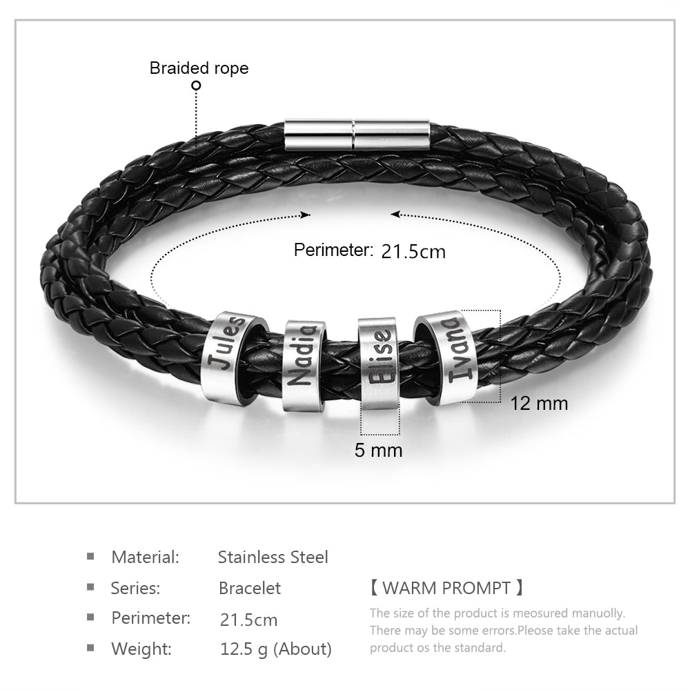 Personalized Stainless Steel Braided Rope Charm Bracelets Custom Men Leather Bracelets with 2 - 5 Names Beads Gift for Boyfriend - fyfy7