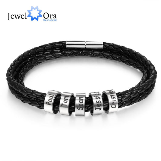 Personalized Stainless Steel Braided Rope Charm Bracelets Custom Men Leather Bracelets with 2 - 5 Names Beads Gift for Boyfriend - fyfy7